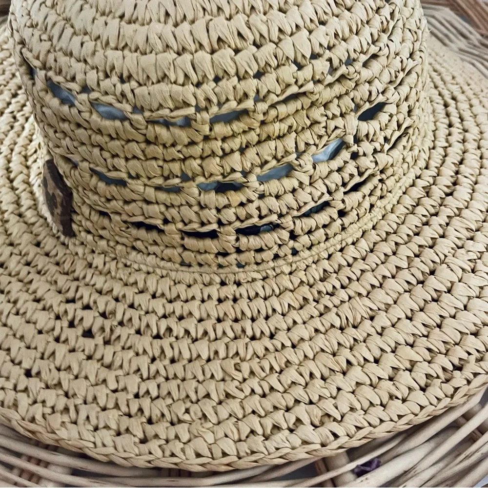 Disney Parks Mickey Mouse Woven Straw Floppy Hat Carved Wood Mickey Mouse summer